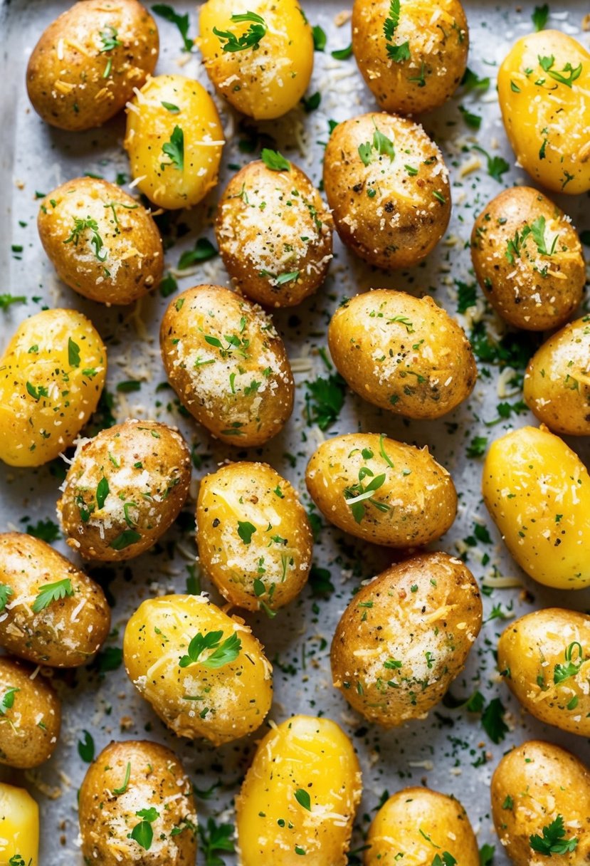 Golden potatoes coated in parmesan cheese and herbs, arranged on a baking sheet. A sprinkle of salt and pepper adds the finishing touch