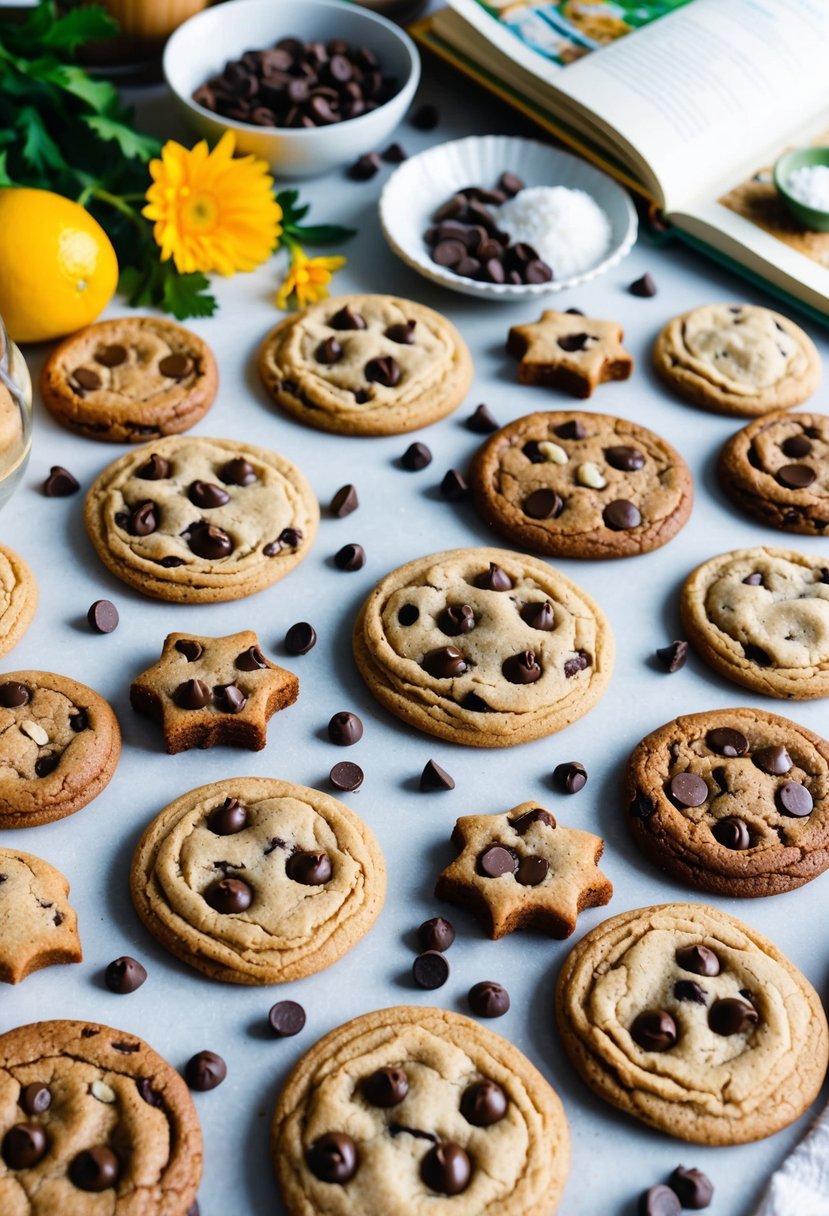 23 Cookie Recipes to Bake When You Need Some Serious Mom Magic 2 A table covered in freshly baked chocolate chip cookies of various shapes and sizes, surrounded by ingredients and recipe books
