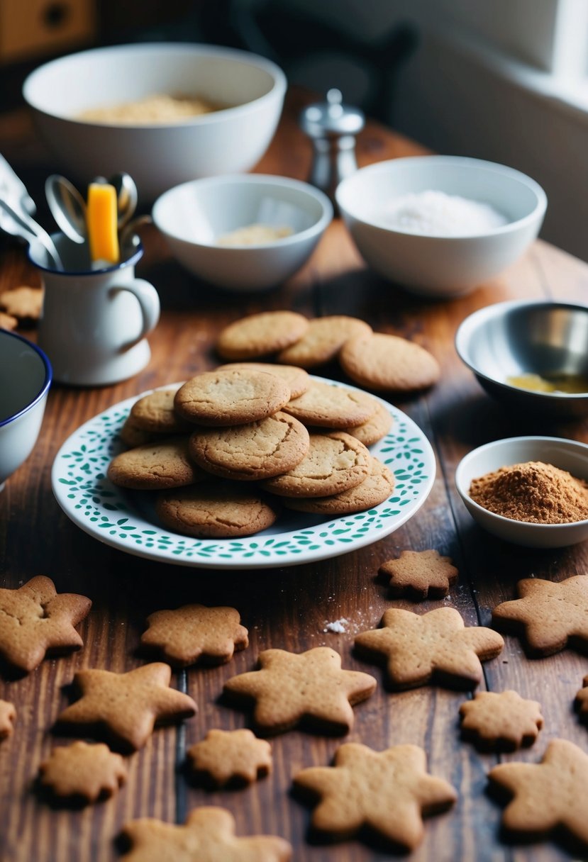 23 Cookie Recipes to Bake When You Need Some Serious Mom Magic 7 A cozy kitchen with an array of gingerbread cookies on a wooden table, surrounded by baking ingredients and utensils