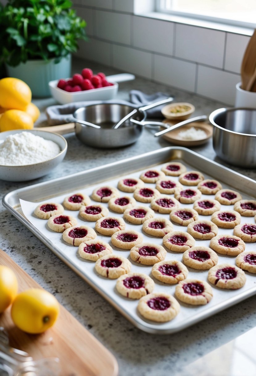 23 Cookie Recipes to Bake When You Need Some Serious Mom Magic 16 A kitchen counter with a tray of freshly baked raspberry thumbprint cookies surrounded by ingredients and utensils
