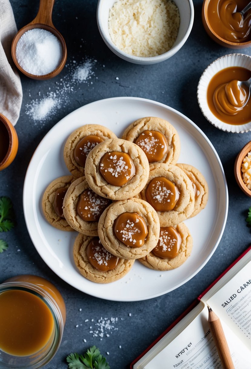 23 Cookie Recipes to Bake When You Need Some Serious Mom Magic 19 A plate of freshly baked salted caramel cookies surrounded by ingredients and a recipe book