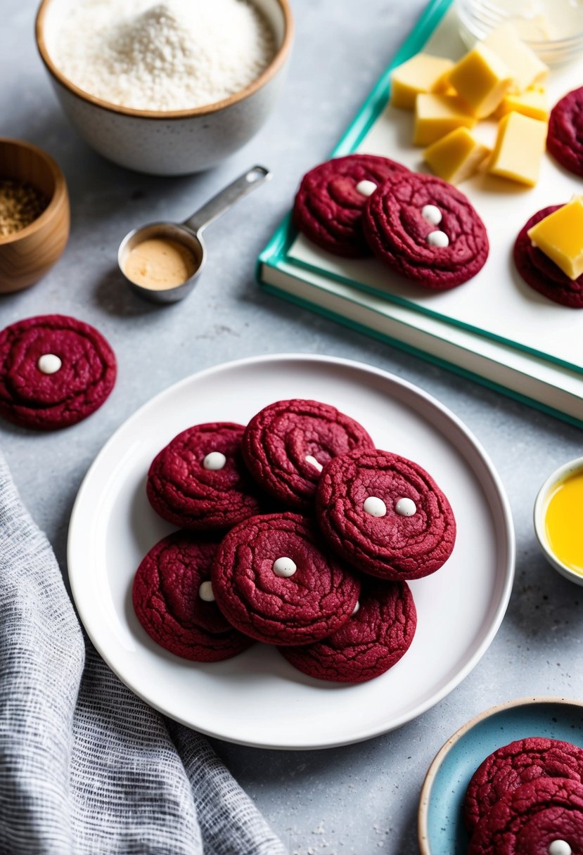 23 Cookie Recipes to Bake When You Need Some Serious Mom Magic 20 A plate of red velvet cookies surrounded by ingredients and a recipe book