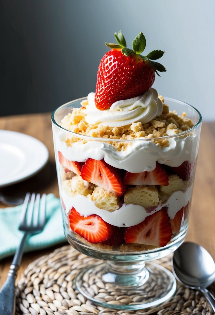 20 Irresistible Desserts Every Mom Should Have in Her Arsenal 3 A table set with a glass parfait dish filled with layers of strawberries, whipped cream, and crumbled shortcake, garnished with a fresh strawberry on top