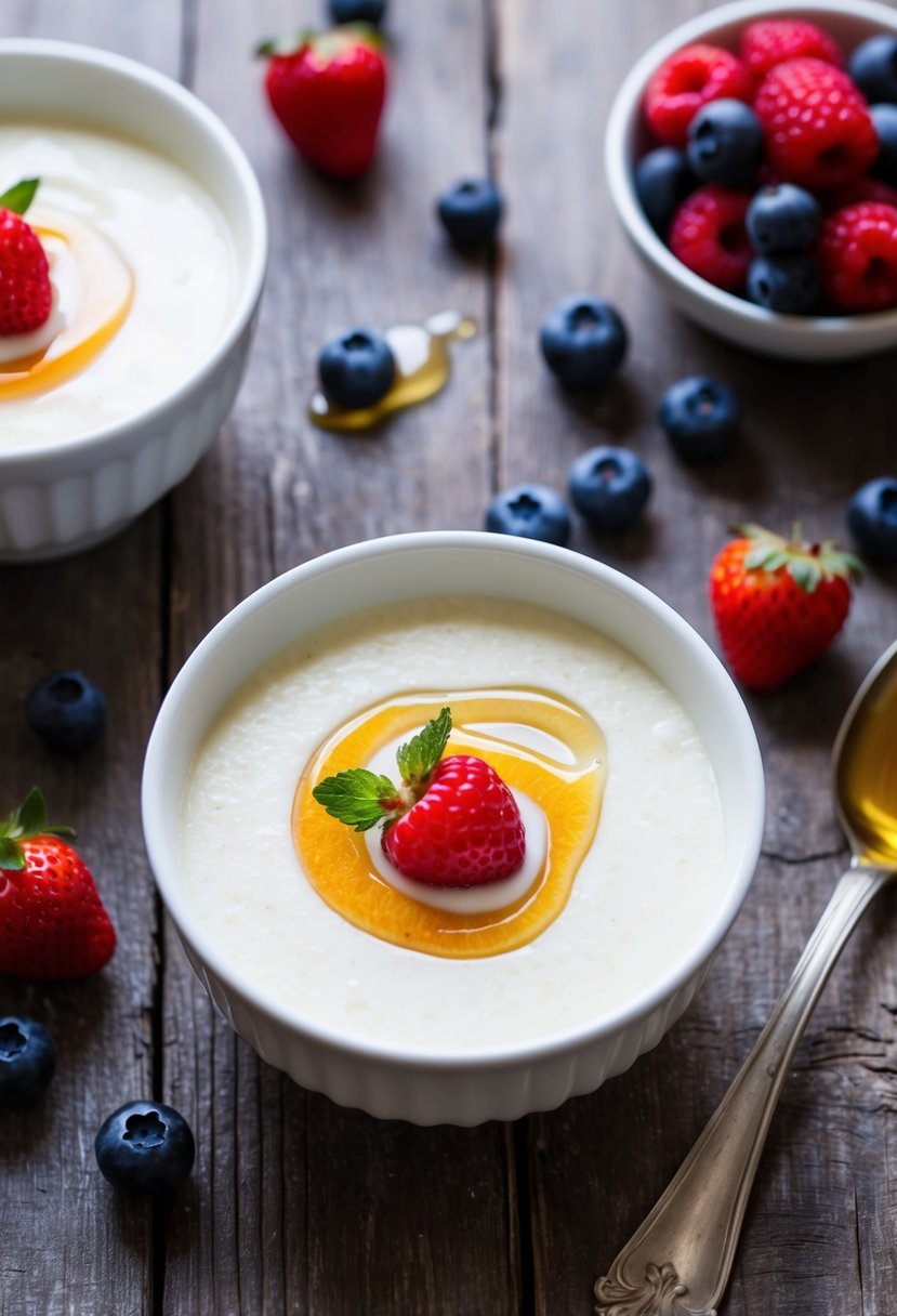 20 Irresistible Desserts Every Mom Should Have in Her Arsenal 7 A vanilla bean panna cotta set on a rustic wooden table, surrounded by fresh berries and a drizzle of honey