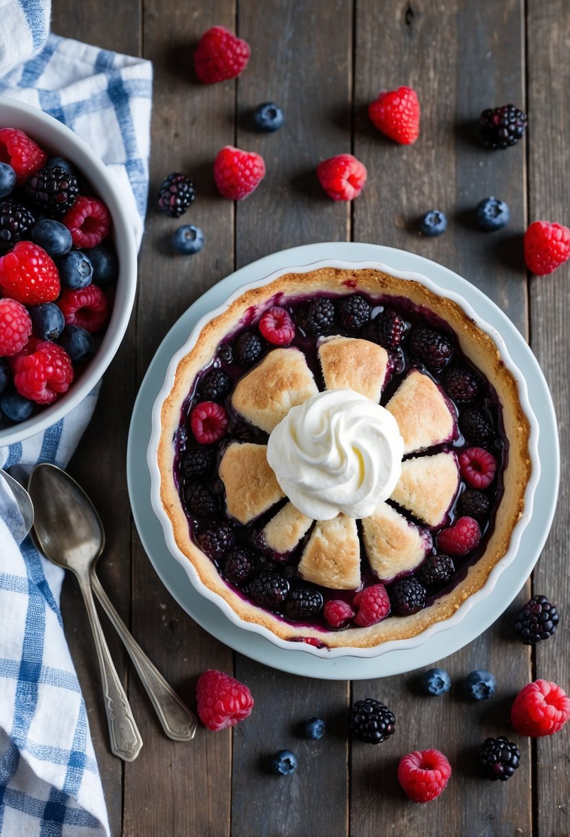 20 Irresistible Desserts Every Mom Should Have in Her Arsenal 8 A rustic kitchen table with a freshly baked mixed berry cobbler surrounded by a scattering of ripe berries and a dollop of whipped cream
