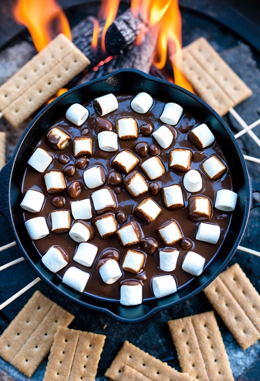 20 Irresistible Desserts Every Mom Should Have in Her Arsenal 11 A campfire with a cast iron skillet filled with gooey, melted chocolate and marshmallows, surrounded by graham crackers and skewers