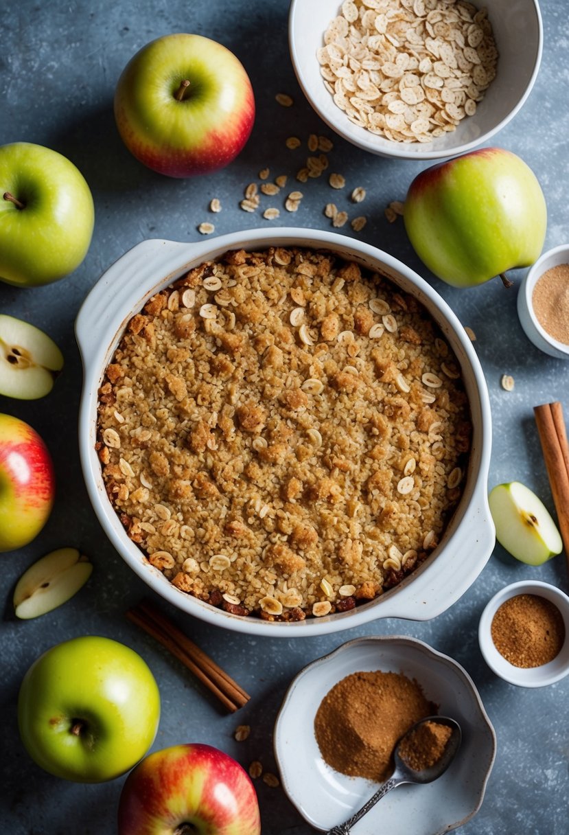 20 Irresistible Desserts Every Mom Should Have in Her Arsenal 13 A rustic kitchen table with a freshly baked apple crumble surrounded by ingredients like apples, oats, cinnamon, and sugar