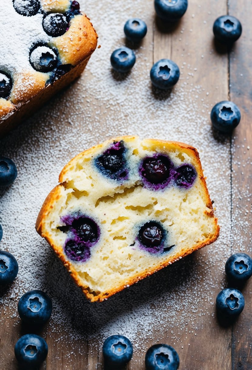 20 Irresistible Desserts Every Mom Should Have in Her Arsenal 15 A rustic kitchen table with a freshly baked blueberry muffin bread surrounded by scattered blueberries and a dusting of powdered sugar