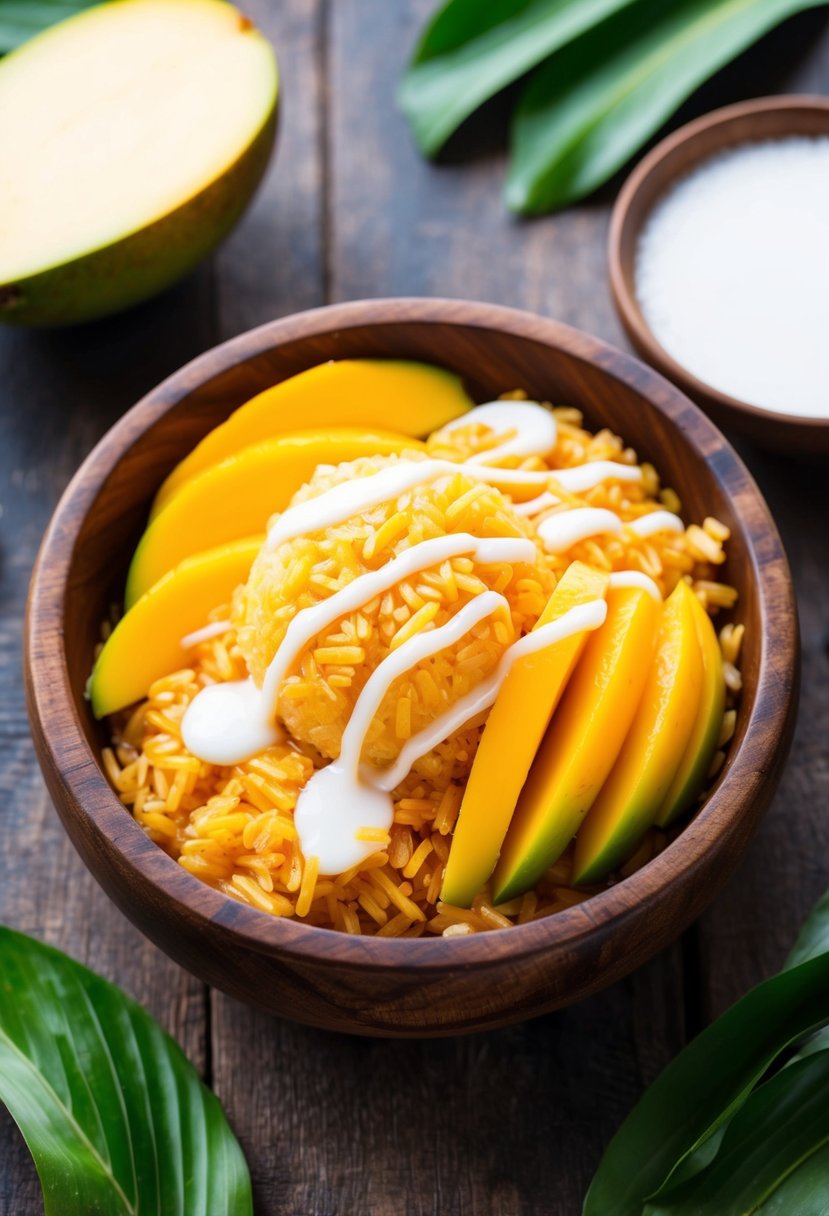 20 Irresistible Desserts Every Mom Should Have in Her Arsenal 16 A wooden bowl filled with mango sticky rice surrounded by fresh mango slices and a drizzle of coconut milk, placed on a rustic table