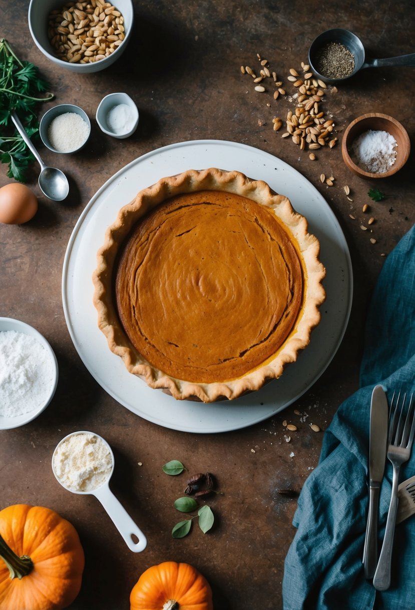 20 Irresistible Desserts Every Mom Should Have in Her Arsenal 17 A rustic kitchen table with a freshly baked pumpkin pie surrounded by scattered ingredients and utensils