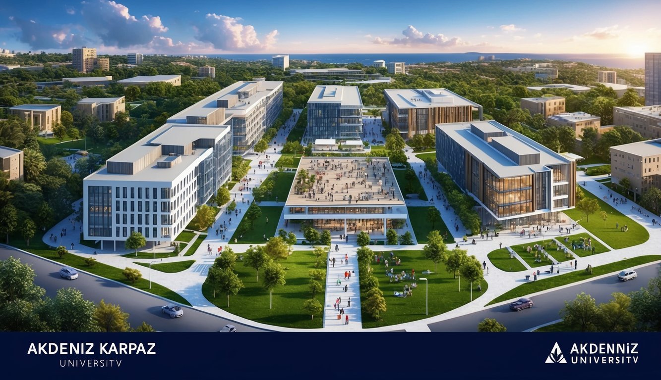 Modern binalar, yemyeşil alanlar ve çeşitli etkinliklerle meşgul öğrencilerin bulunduğu Akdeniz Karpaz Üniversitesi kampüsünün panoramik manzarası