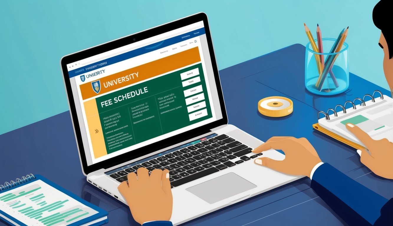 Bir dizüstü bilgisayar ekranında üniversitenin logosu ve çeşitli ücret bilgileriyle birlikte bir üniversite ücret takvimi web sayfası görüntüleniyor.