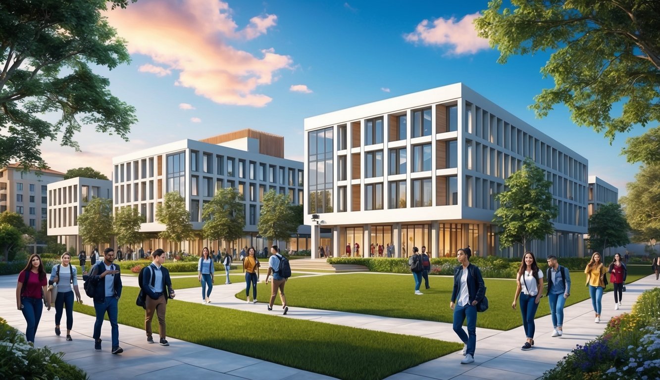 Modern binalarla dolu, dersler arasında yürüyen öğrencilerin olduğu ve Kıbrıs Amerikan Üniversitesi'ni çevreleyen yeşil alanlarla dolu canlı bir kampüs manzarası.