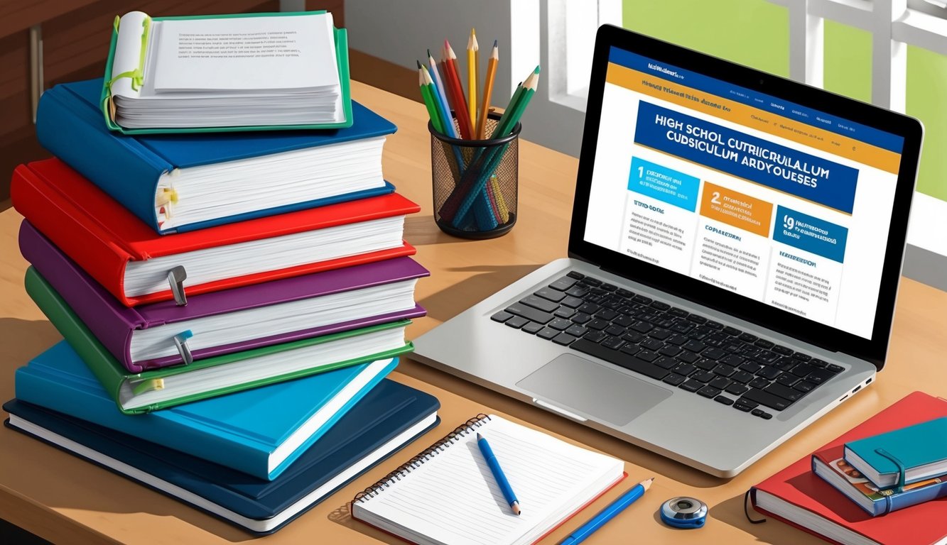 Bir masanın üzerinde düzenlenmiş bir yığın ders kitabı ve defter, açık bir dizüstü bilgisayar ise lise müfredatı ve dersleri hakkında bir web sitesine yönlendirilmiş.