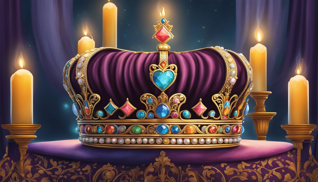 A regal crown sits atop a velvet cushion, surrounded by flickering candlelight and ornate tapestries