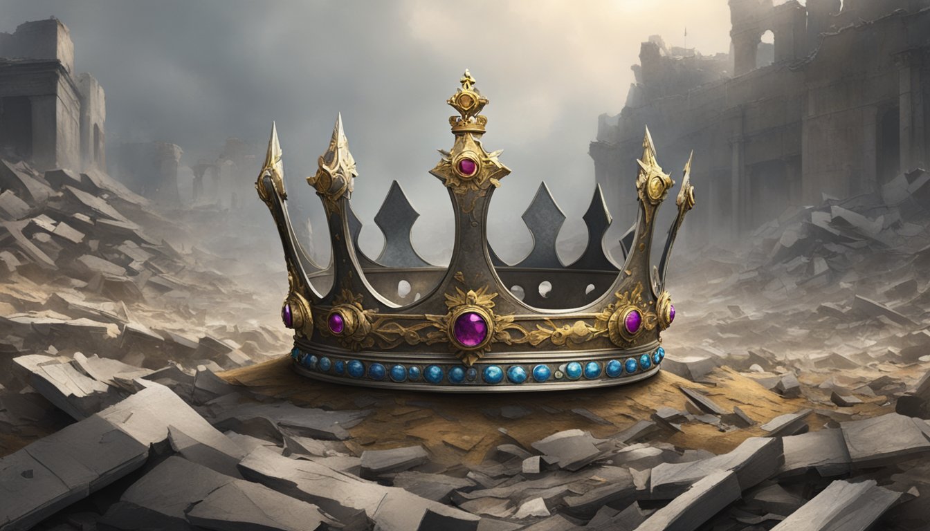 A regal crown lies abandoned amidst the rubble of a war-torn landscape