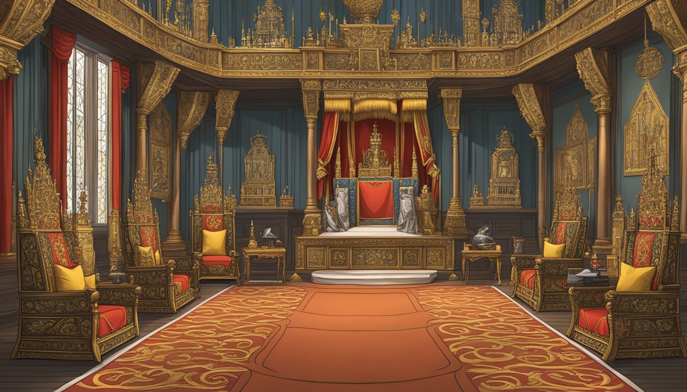 A regal throne room with royal symbols and advisors, reflecting the political context of Edward VI's reign