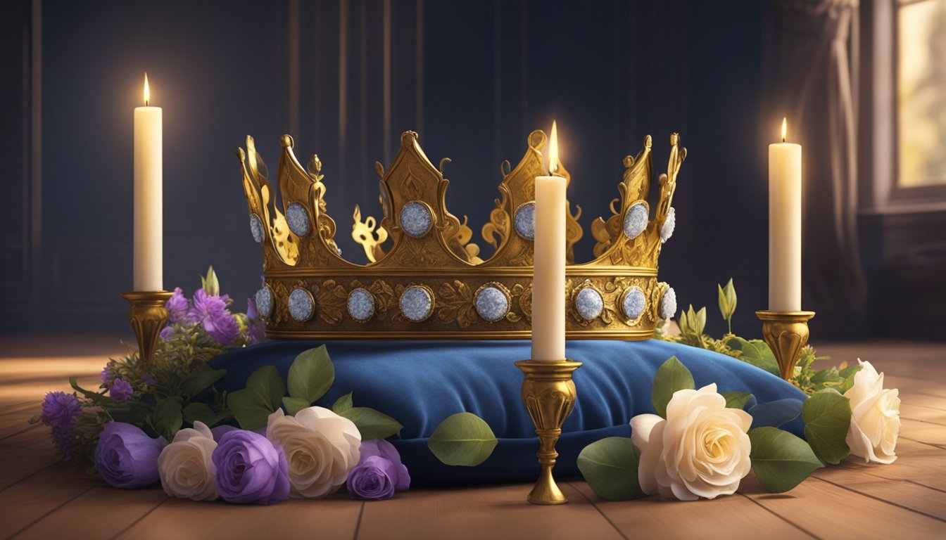 A regal crown lies abandoned on a velvet cushion, surrounded by wilted flowers and flickering candles. A somber atmosphere permeates the room, hinting at the loss of a great leader