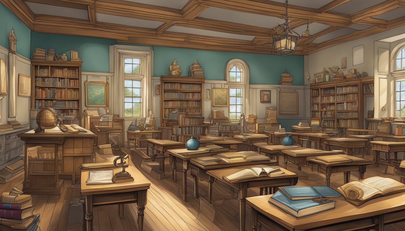 A classroom filled with historical artifacts and books, with a focus on Tudor-era England