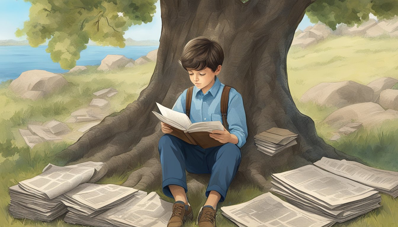 A young boy reading political texts under a tree, surrounded by historical documents and maps