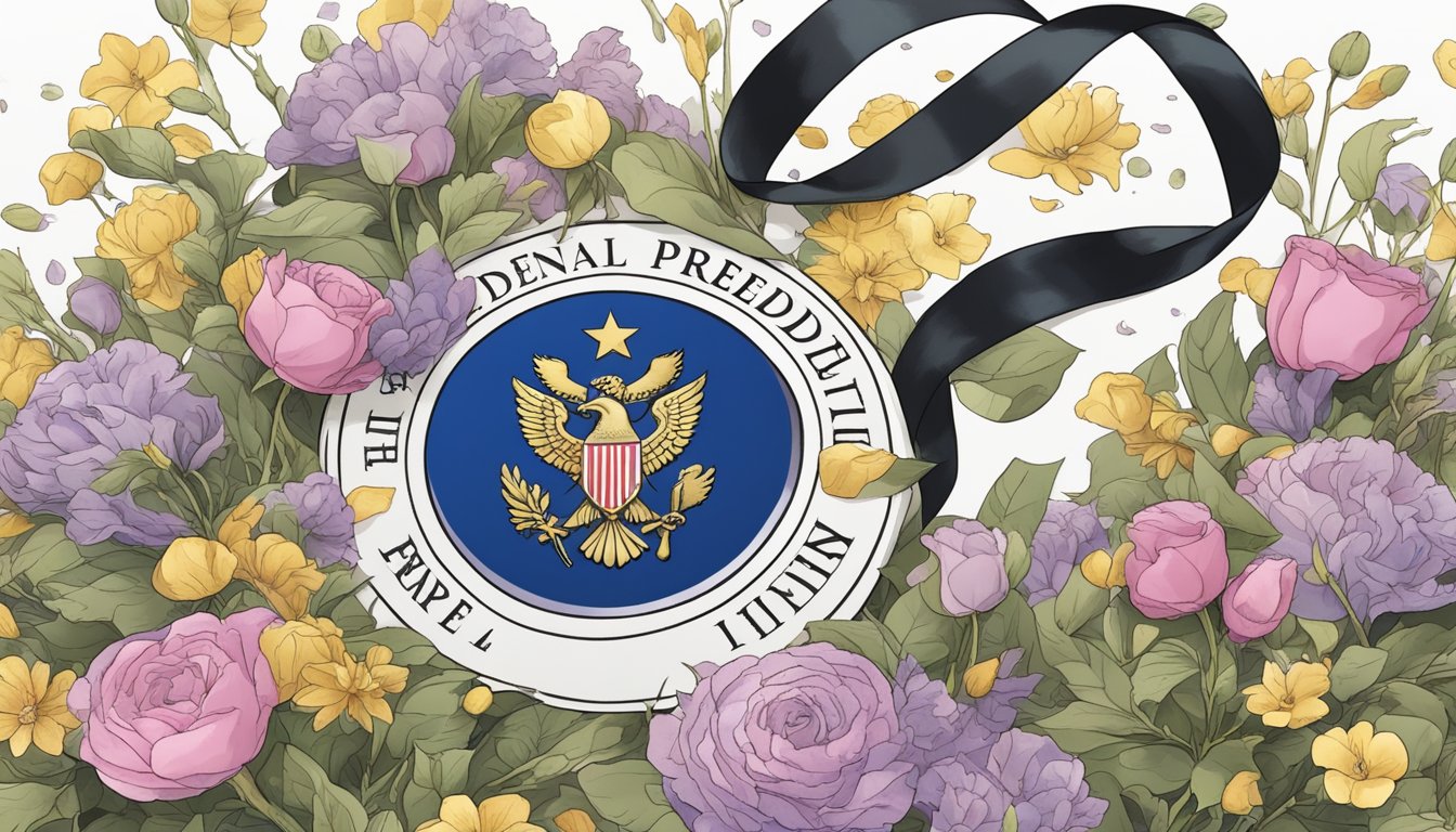 The French presidential seal lies shattered, surrounded by wilted flowers and a black mourning ribbon