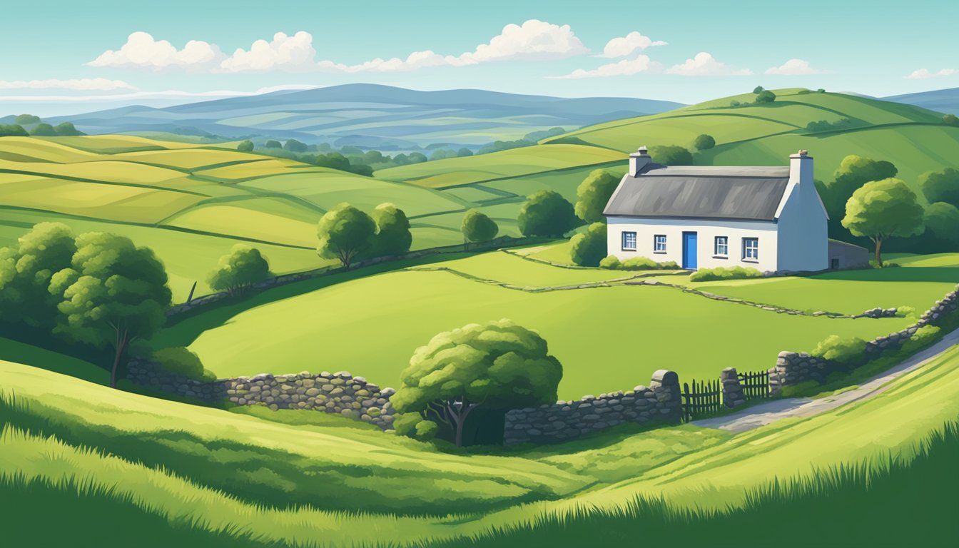 A peaceful Irish countryside with rolling green hills, a quaint cottage, and a clear blue sky