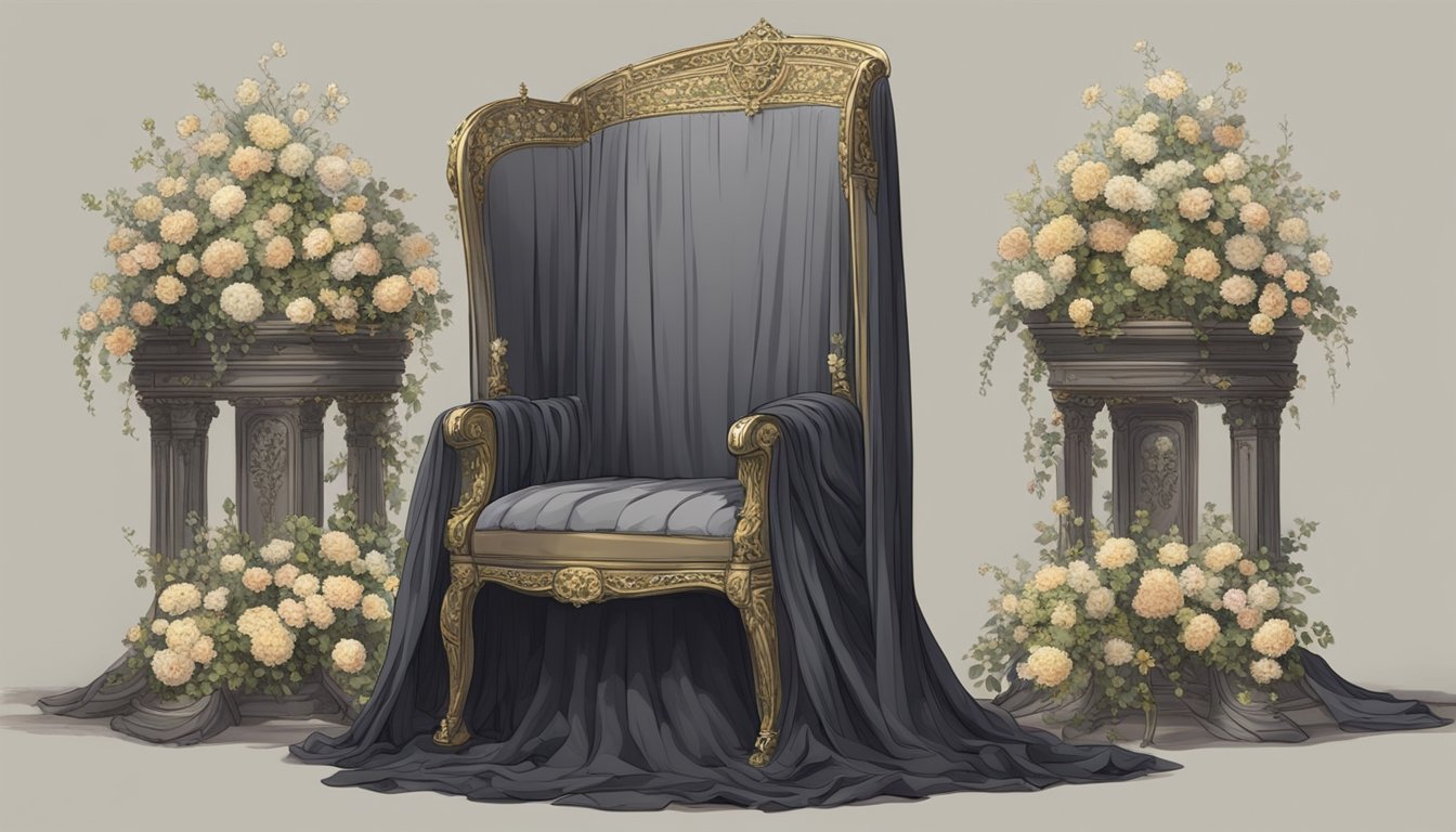 The grand, empty throne of France, draped in mourning fabric, with wilted flowers and a somber atmosphere