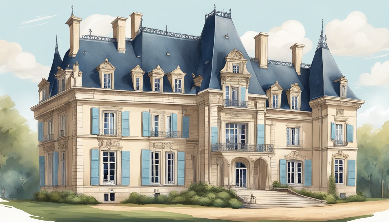 A grand French chateau surrounded by historical artifacts and symbols of cultural significance