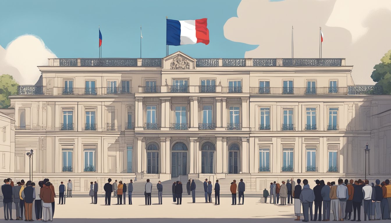 The French flag flying at half-mast outside the presidential palace, with somber onlookers gathered in mourning