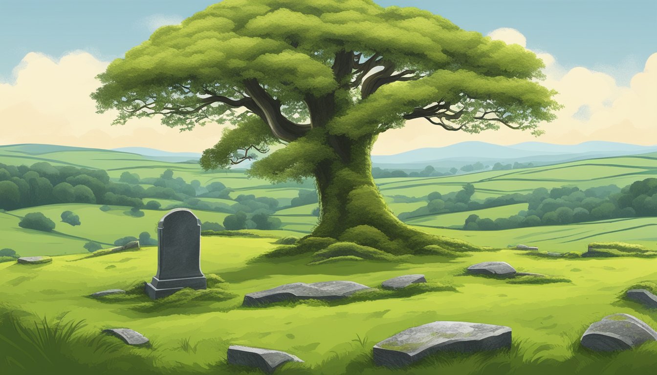 A sprawling Irish countryside with a solitary gravestone under a moss-covered tree