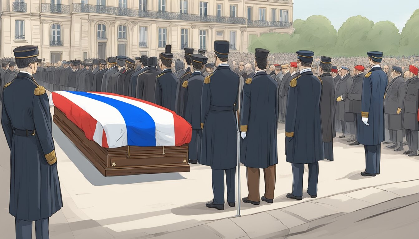 A funeral procession in Paris, with a draped French flag and somber political figures paying their respects at the grave of the 7th president of France