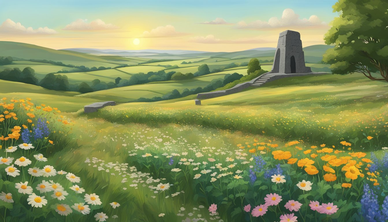 A field of wildflowers with a stone monument and candles, surrounded by a serene Irish countryside