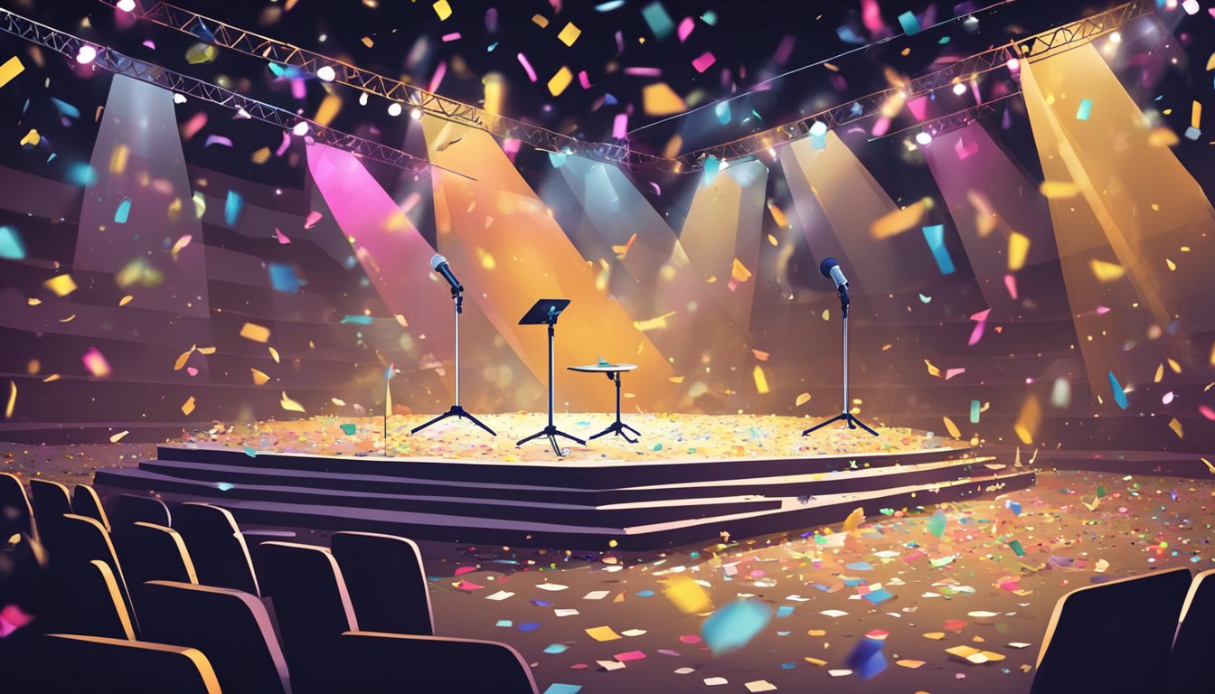 A microphone stand lies abandoned on a dimly lit stage, surrounded by scattered confetti and empty seats