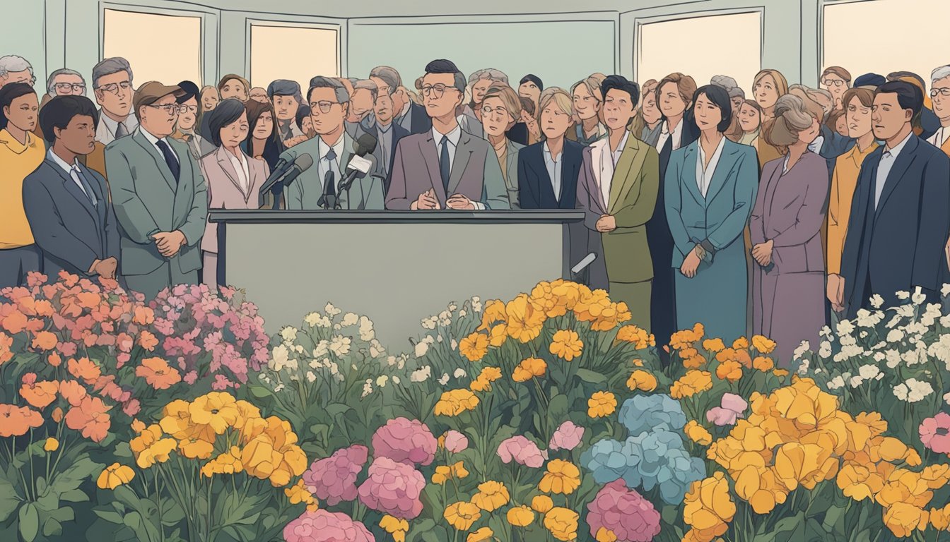 A somber crowd gathers around a microphone, flowers laid in front, as a news announcement is made