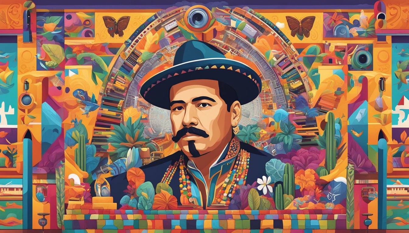 A vibrant mural of Mexicano 777's artistic legacy, featuring his influential music and cultural impact, surrounded by colorful symbols of his contributions