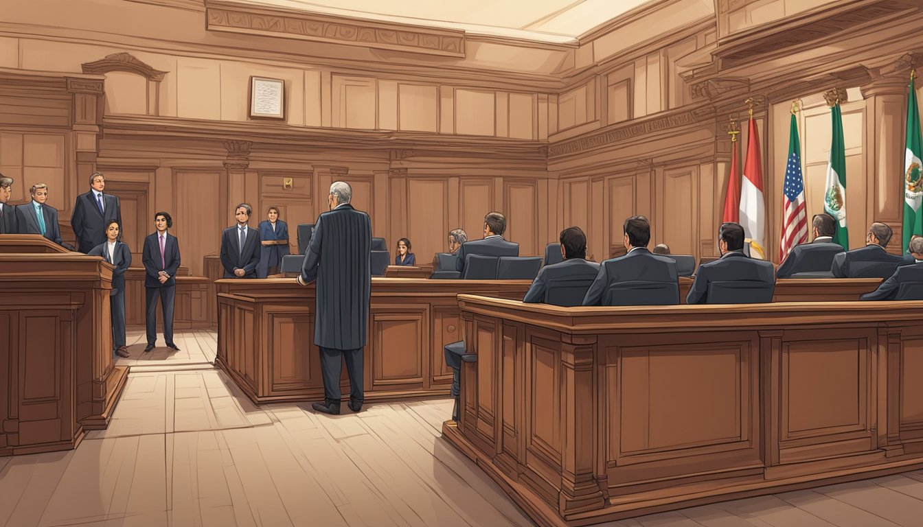 A courtroom with a judge, lawyers, and a defendant standing trial for personal challenges and legal issues related to Mexicano 777's cause of death