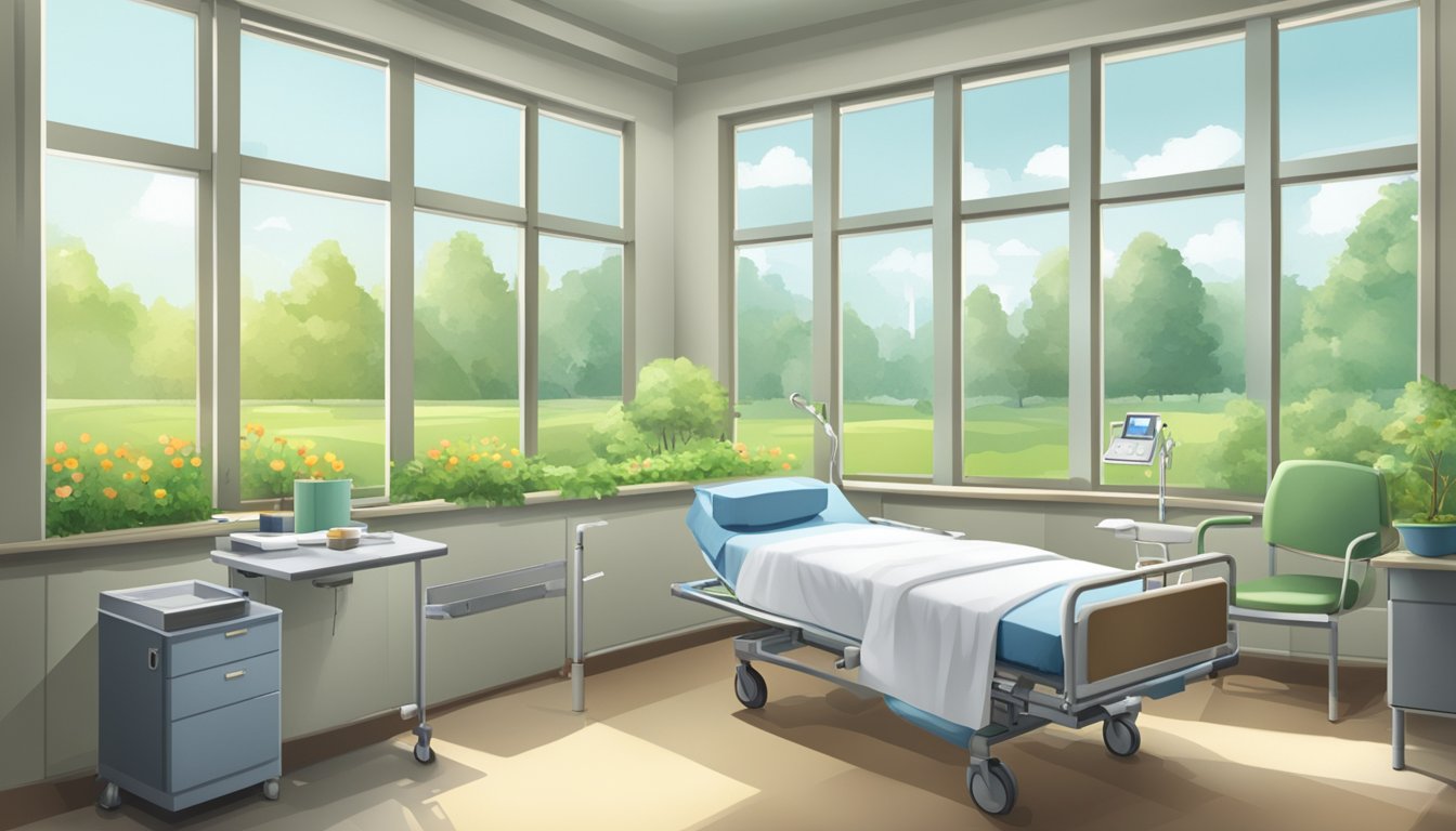 A hospital room with a solitary bed, medical equipment, and a window overlooking a peaceful garden