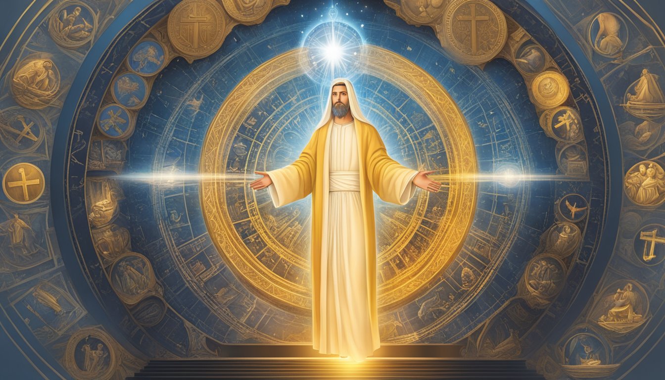 A radiant figure ascending from darkness to light, surrounded by symbols of Christian faith and transformation