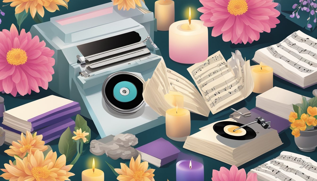 A collection of music albums and awards surrounded by flowers and candles