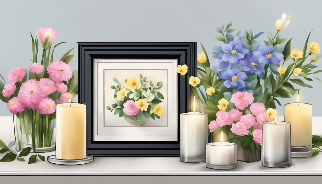 A collection of flowers, candles, and photos arranged in a memorial display