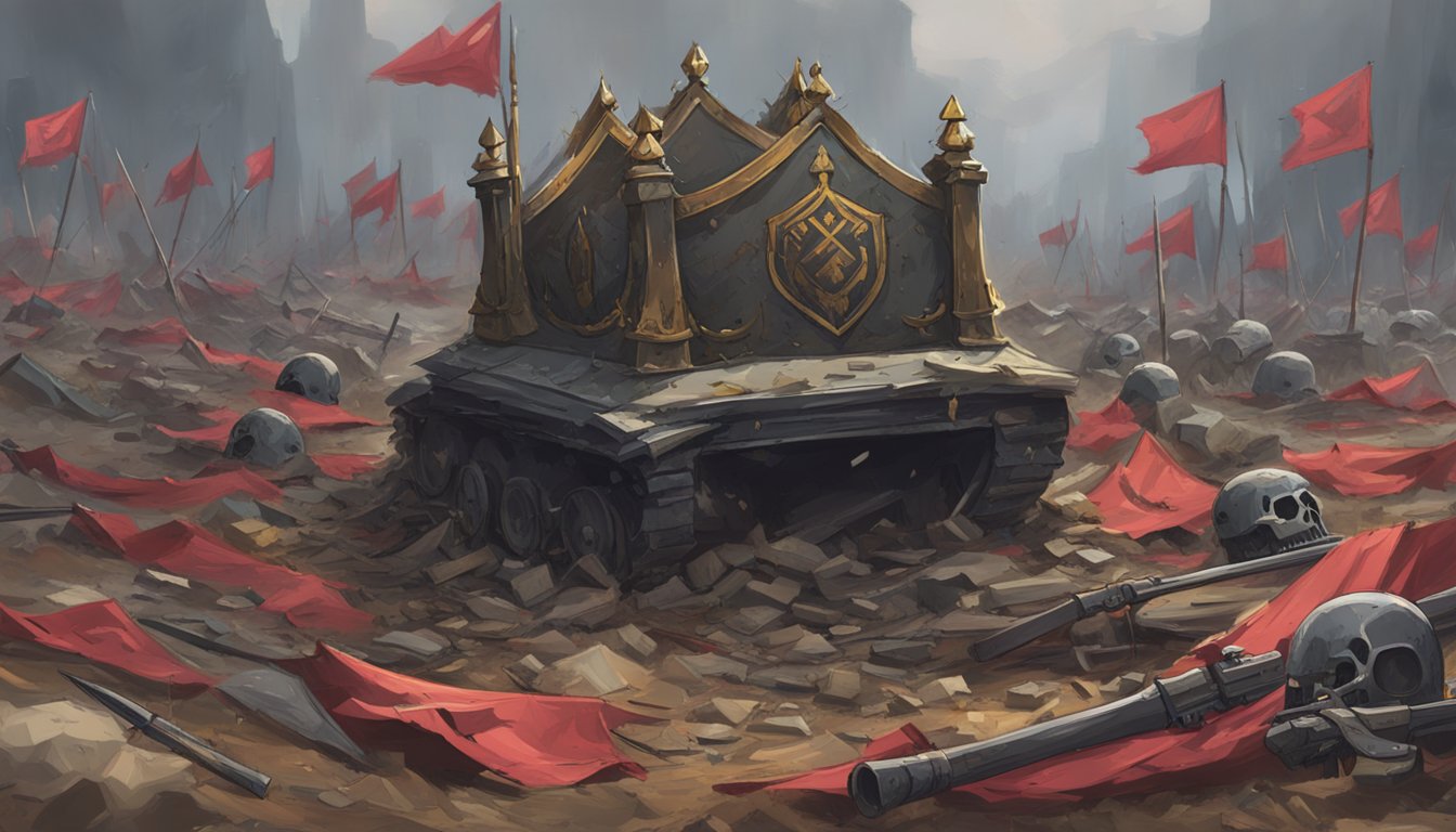 A crown lies abandoned on a bloodied battlefield, surrounded by fallen soldiers and tattered banners