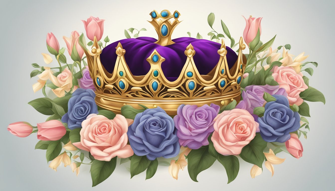 A royal crown atop a regal pillow, surrounded by a wreath of roses and lilies