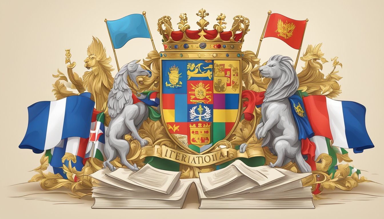 A royal crest surrounded by international flags and diplomatic documents