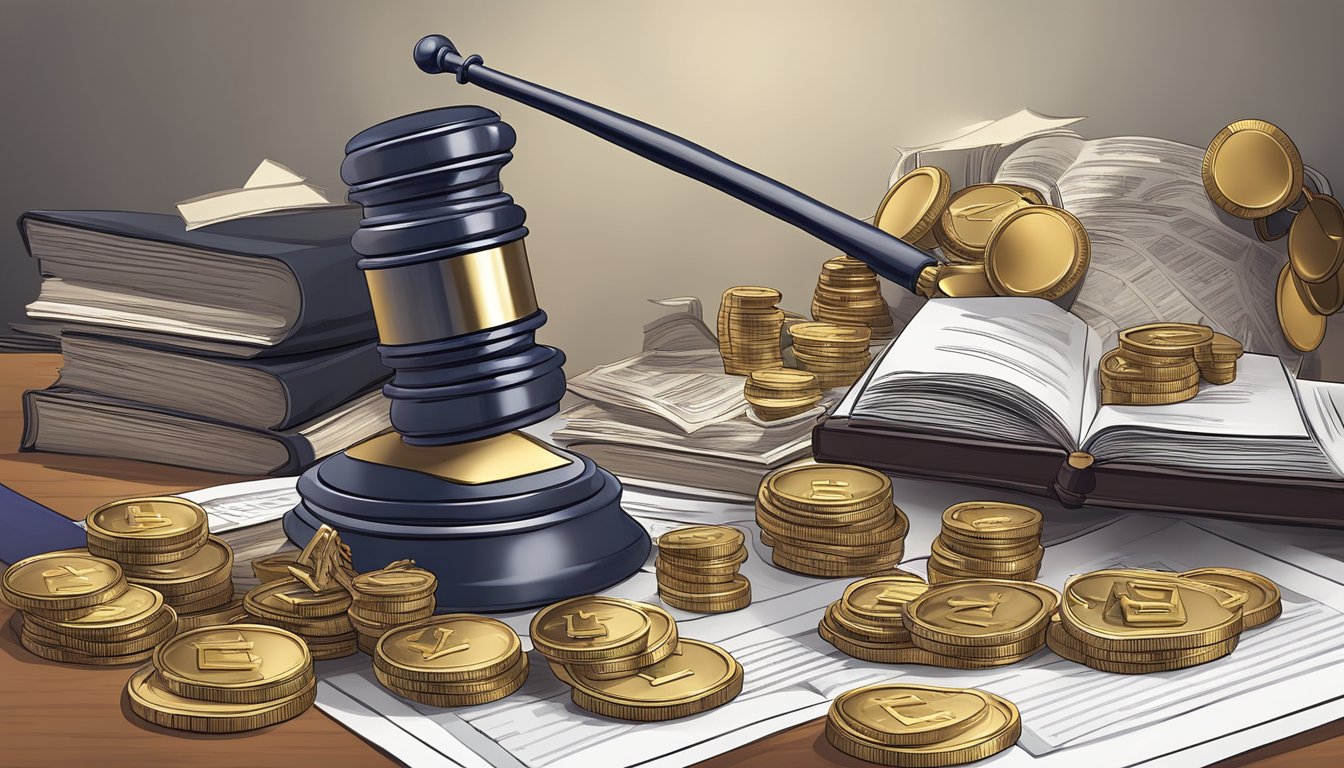 A gavel and a pile of coins surrounded by legal documents and a crown