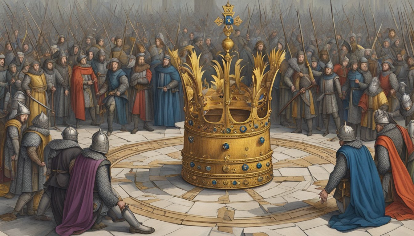 A crown lies shattered on the ground, surrounded by a group of defiant figures, each vying for power in the wake of Henry VII's death