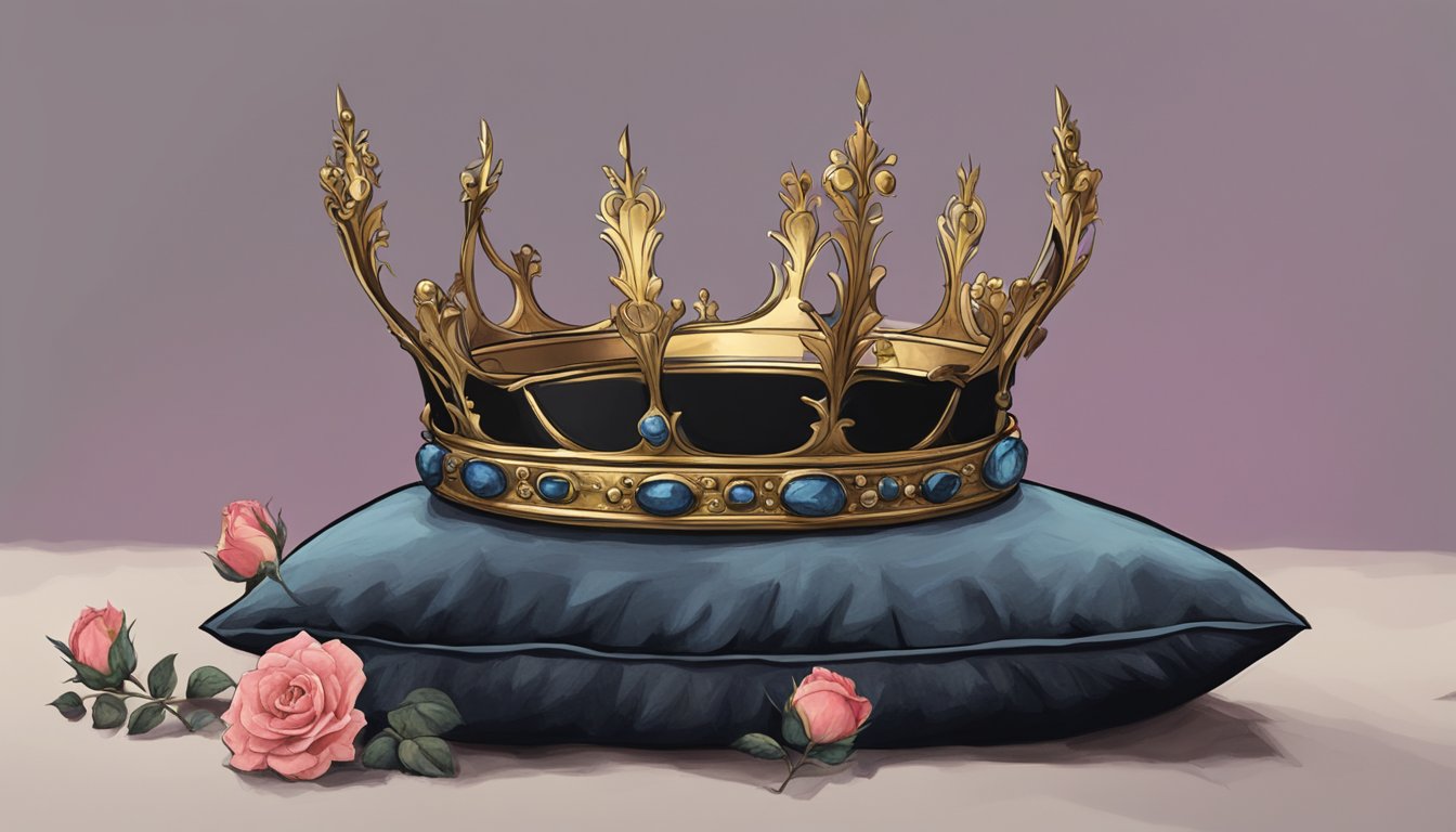 A royal crown lies abandoned on a velvet cushion, surrounded by wilted roses and a single black feather