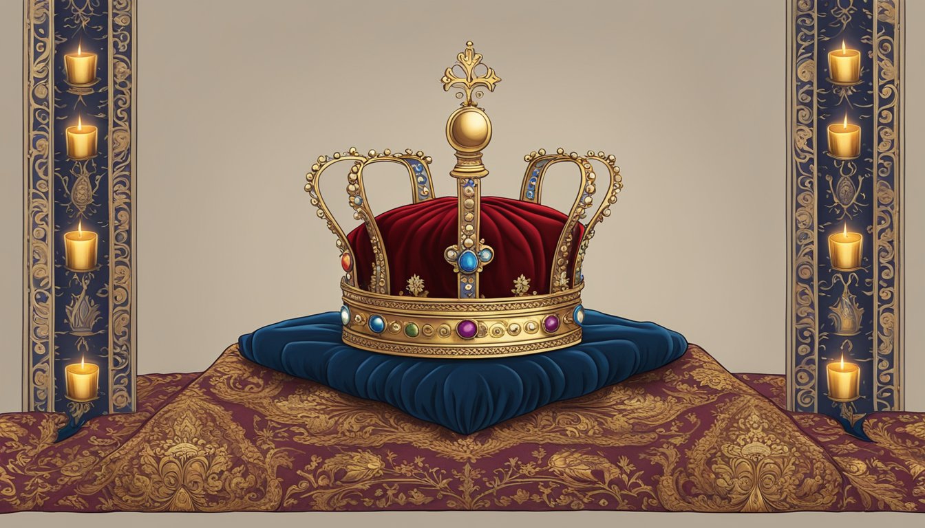 A royal crown sitting atop a velvet pillow, surrounded by flickering candles and ornate tapestries, symbolizing the cultural and historical impact of Henry VII's cause of death