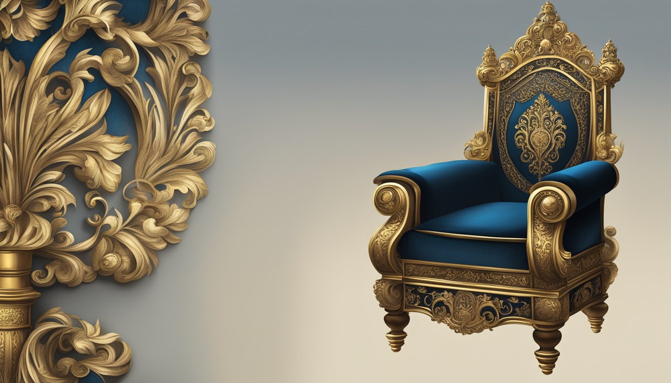 A regal throne surrounded by ornate decor, a crown resting on a velvet cushion, a somber atmosphere