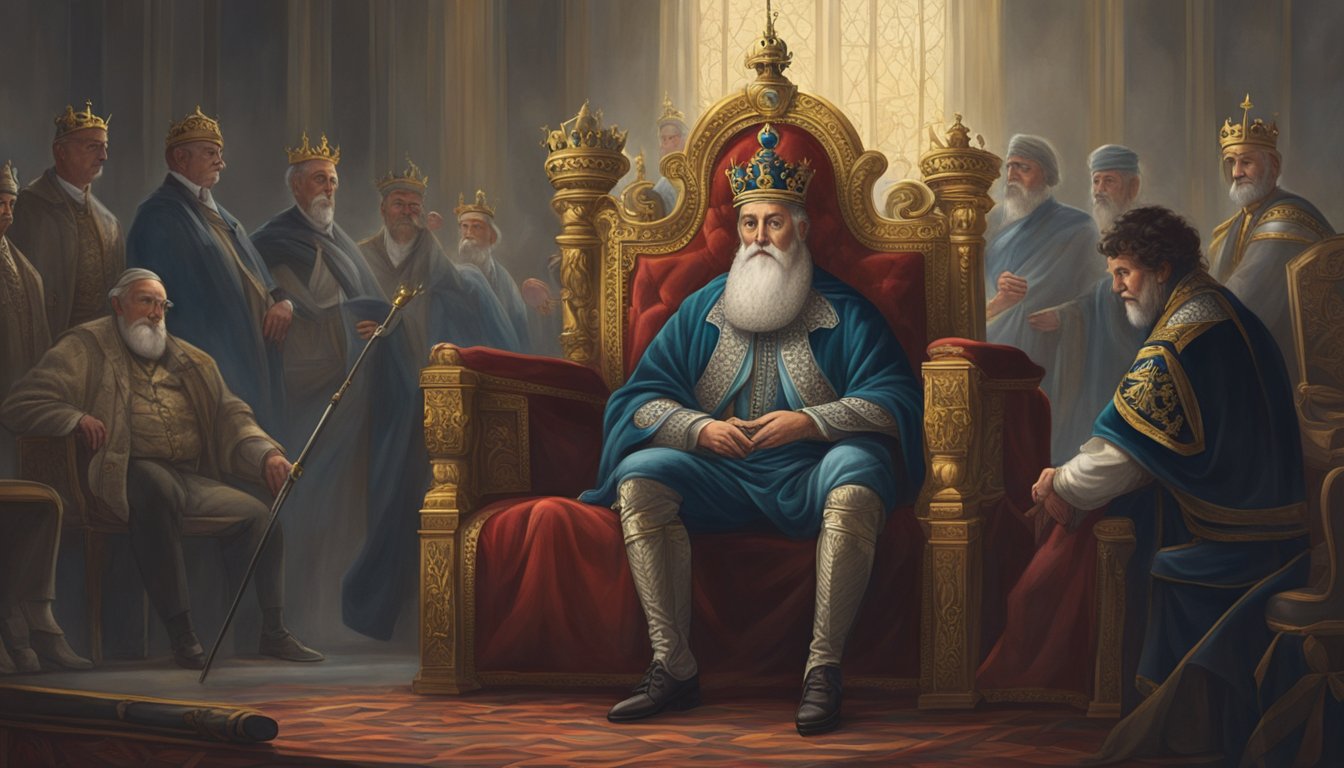 A crown and a scepter laid on a regal velvet cushion, surrounded by mournful onlookers and somber atmosphere