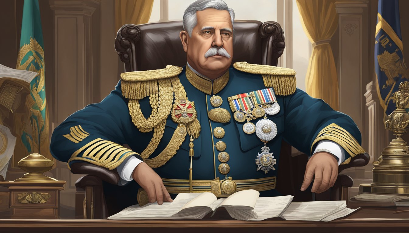 An ornate military uniform draped over a regal chair, surrounded by maps, medals, and official documents